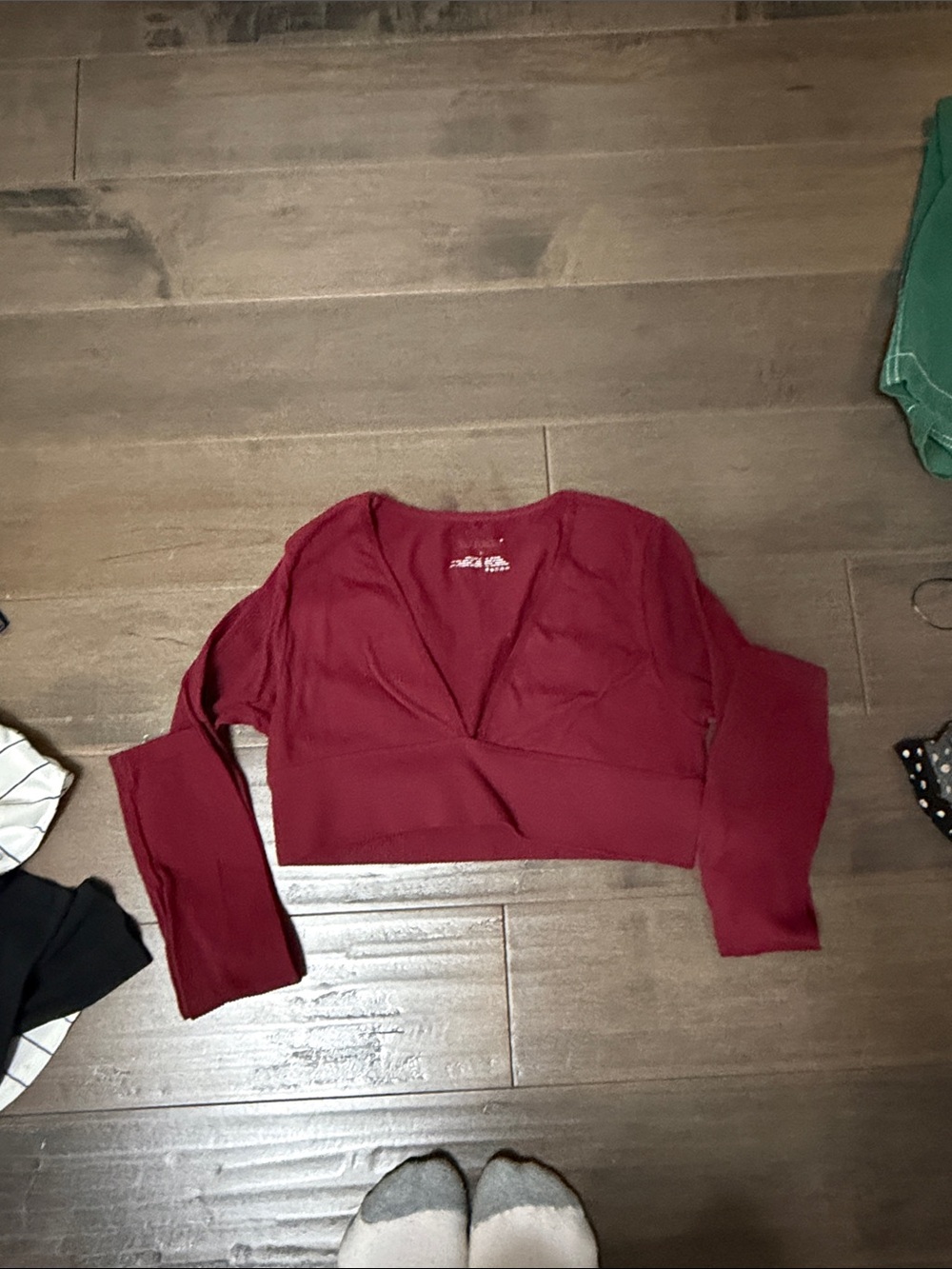 Garage Burgundy Long Sleeve Deep V Crop Top
